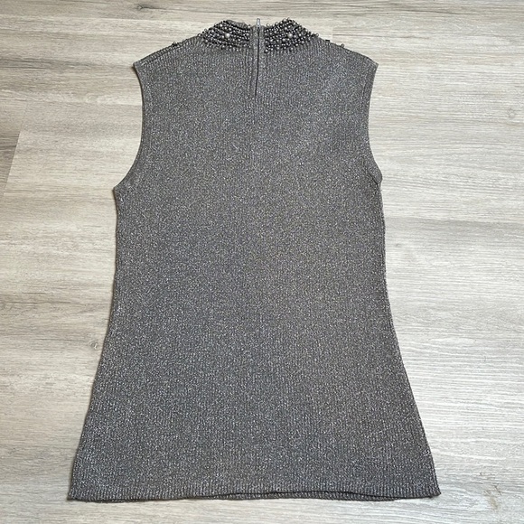 Grace Elements Silver Sparkle Silk Knit Blouse Beaded Trim Size Medium - Picture 6 of 6
